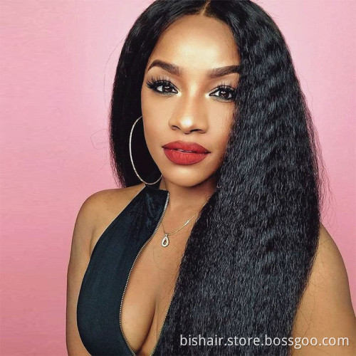 BIS 100% Brazilian 4x4 Remy Yaki Straight Natural 150 Density Human Hair Wig With Transparent Front Lace For Black Female Hair